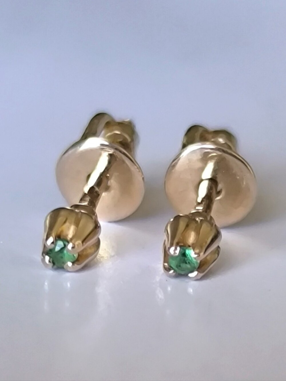 Solid 14K Rose Gold Tiny Emeralds Tulip Stud Screw Back Earrings